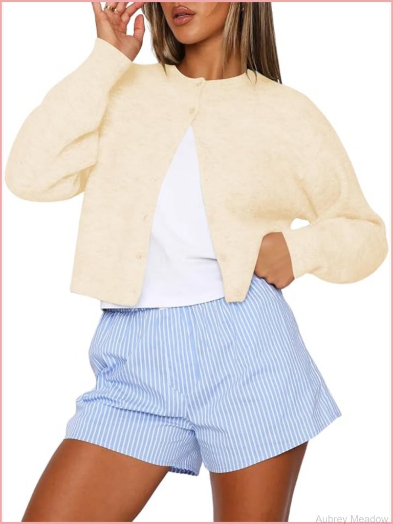 Cropped Cardigan Sweater Long Sleeve Button Up Lightweight Knit Trendy